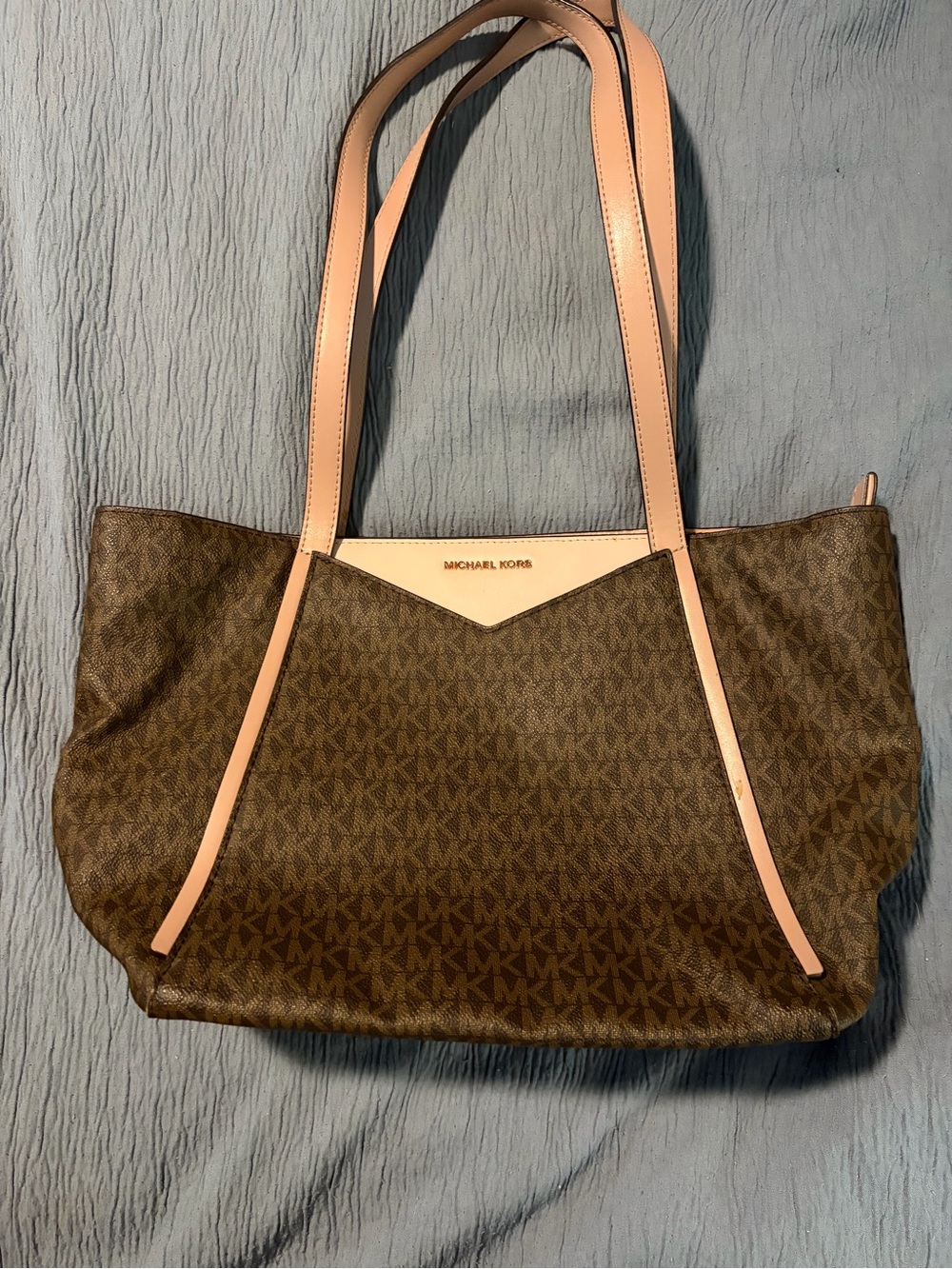 Michael Kors Brown Canvas Tote with Pale Pink Trim